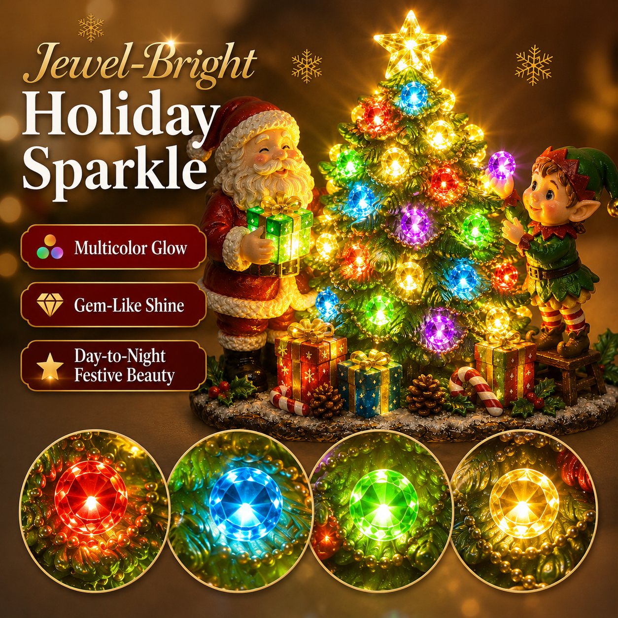 Jeweled Christmas Tree Plug-In Night Light with Santa & Elf