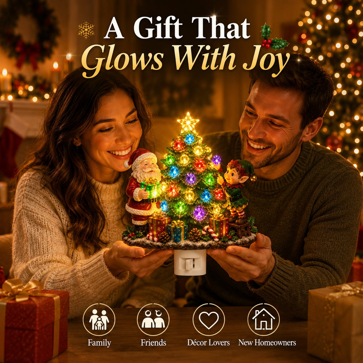 Jeweled Christmas Tree Plug-In Night Light with Santa & Elf