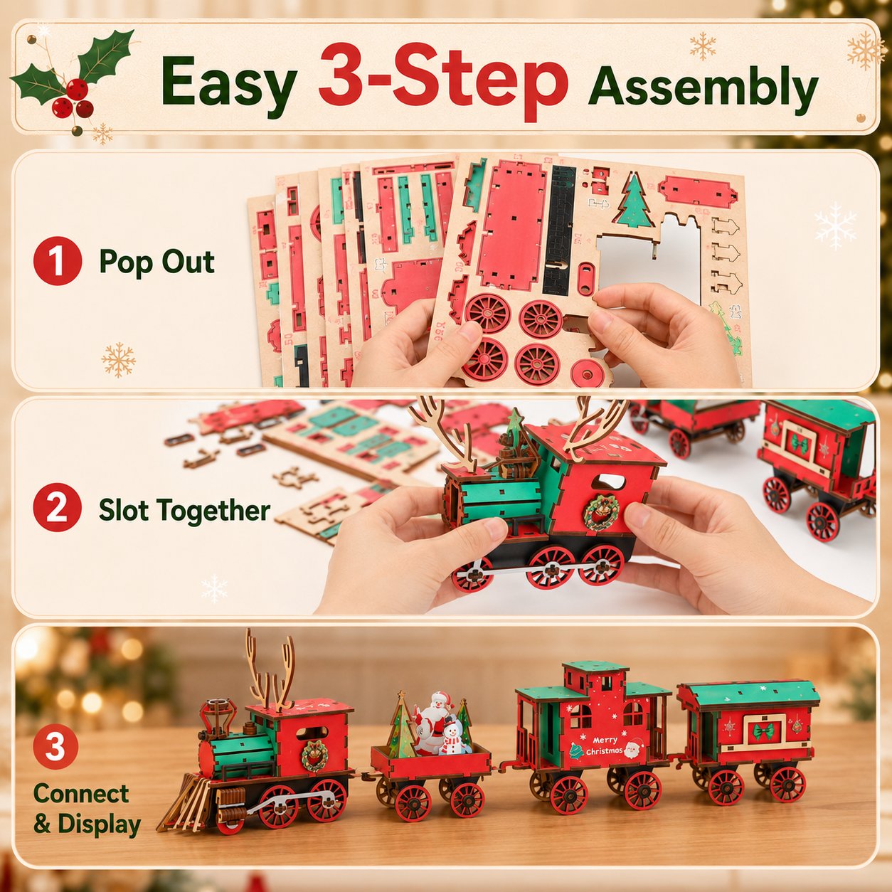 DIY Christmas Wooden Train Set – Glue-Free 3D Puzzle Kit