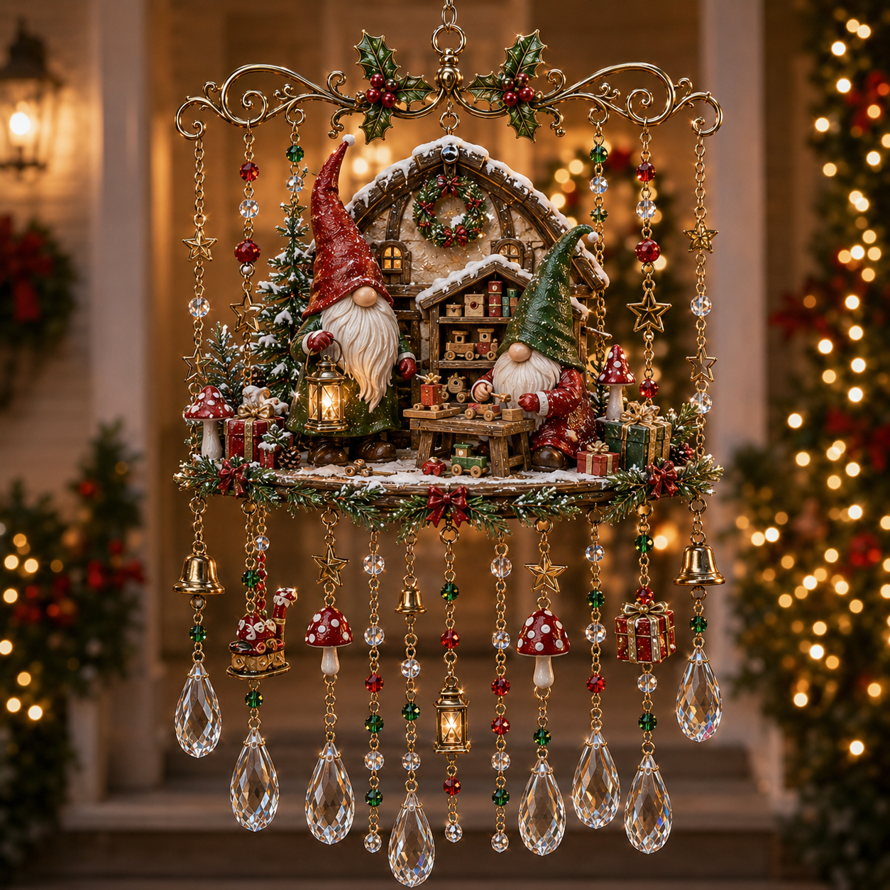 Christmas Crystal Wind Chime with Festive Charms, Gift Decor
