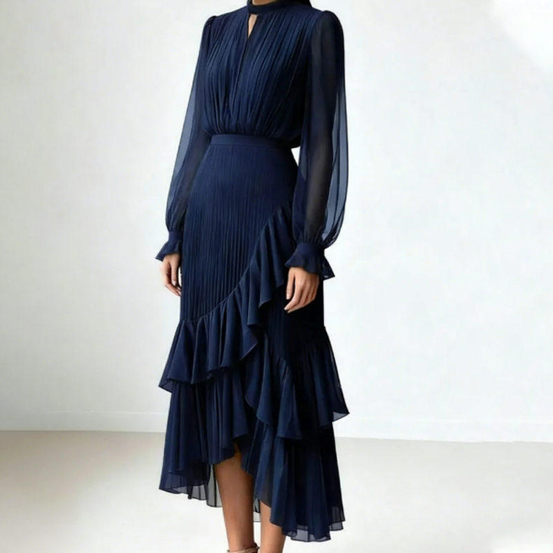 Women's Pleated Midi Dress With Ruffles And Keyhole Neckline