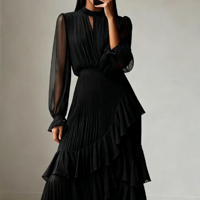 Women's Pleated Midi Dress With Ruffles And Keyhole Neckline