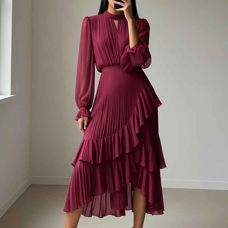 Women's Pleated Midi Dress With Ruffles And Keyhole Neckline